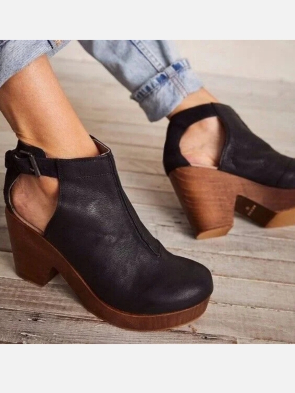Free People Black Platform Cutout Ankle Clog with Wood-Effect Heel Size EU 40 - Picture 2 of 10